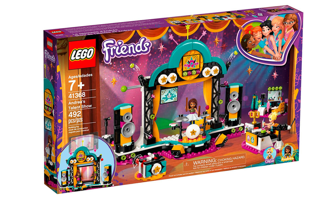 Вместе с конструктором LEGO Friends 41368 «Шоу талантов Андреа» создаст шоу и найдет новые таланты. Сценарий состоит из трех различных вращающихся сцен.