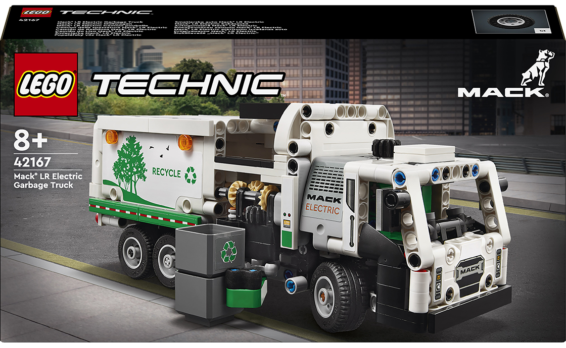 Не гоночними машинами єдиними славиться серія LEGO Technic. Вона також може порадувати людей, які люблять збирати більш незвичайні транспортні засоби. Один із таких прикладів - набір LEGO ``Сміттєвоз Mack® LR Electric`` з новаторським електричним сміттєвозом всередині.