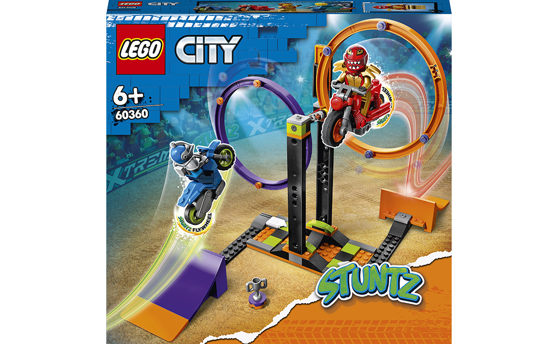 Приготуйтеся до каскадерських змагань з ігровим набором LEGO City Spinning Stunt Challenge (60360). Випробуйте свою вдачу на фантастичній конструкції для мототрюків. Влаштуйте справжні екстремальні шоу змагаючись з друзями або членами сім`ї.