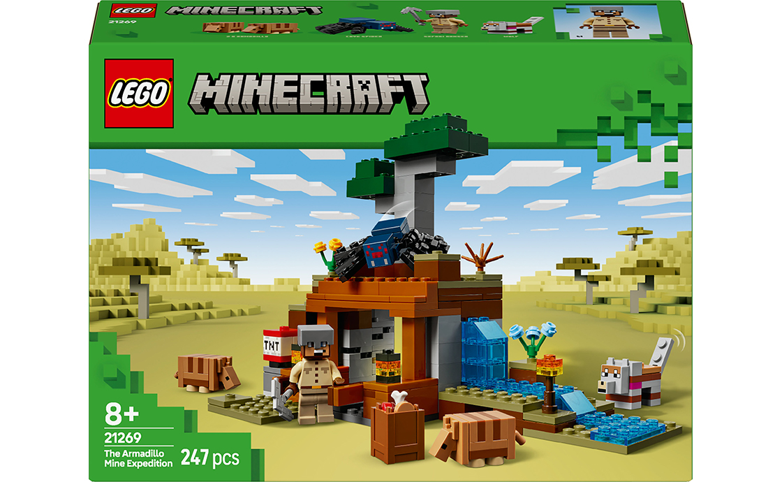 Досліджуйте савану та видобувайте дорогоцінну руду. Набір LEGO Шахтна експедиція «Броненосець» переносить гравців у біом, де на них чекає незвичайна шахта, дивовижні тварини та вибухові пригоди.